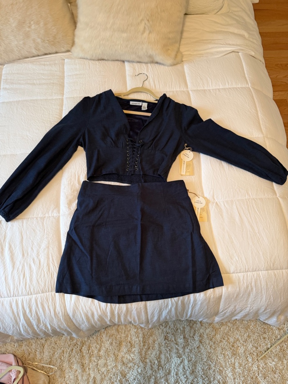 Navy Two-Piece Lace-Up Crop Top & Skirt Set